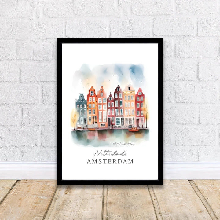 Soft watercolor European cityscape wall art featuring orange, yellow, and blue townhouses along an Amsterdam canal, offered by MapYourDreams where options include unframed paper prints, gallery wrapped canvas decor, or custom frame styling designed to enhance warm minimalist interiors.