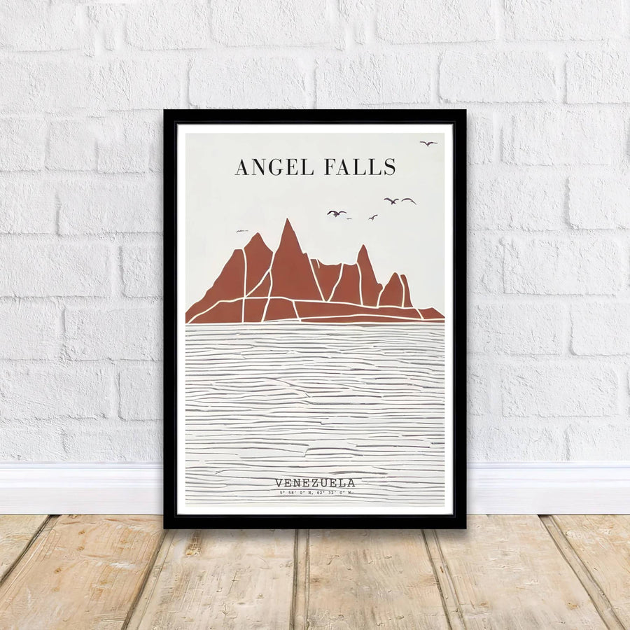 Warm terracotta and grey wall art showing stylized mountain outlines and rhythmic river water reflections at Angel Falls. Curated by MapYourDreams, this wall piece offers customizable choices such as archival paper prints, real wood frames, or canvas wraps.