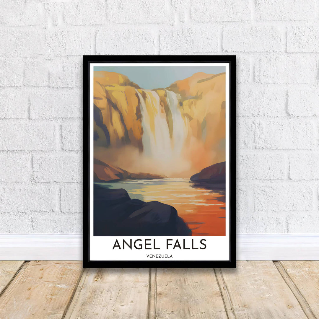 Warm orange and copper wall art showing the glowing cascade and reflective waters of Angel Falls in Canaima National Park. Curated by MapYourDreams, this wall piece offers customizable choices such as archival paper prints, real wood frames, or canvas wraps.