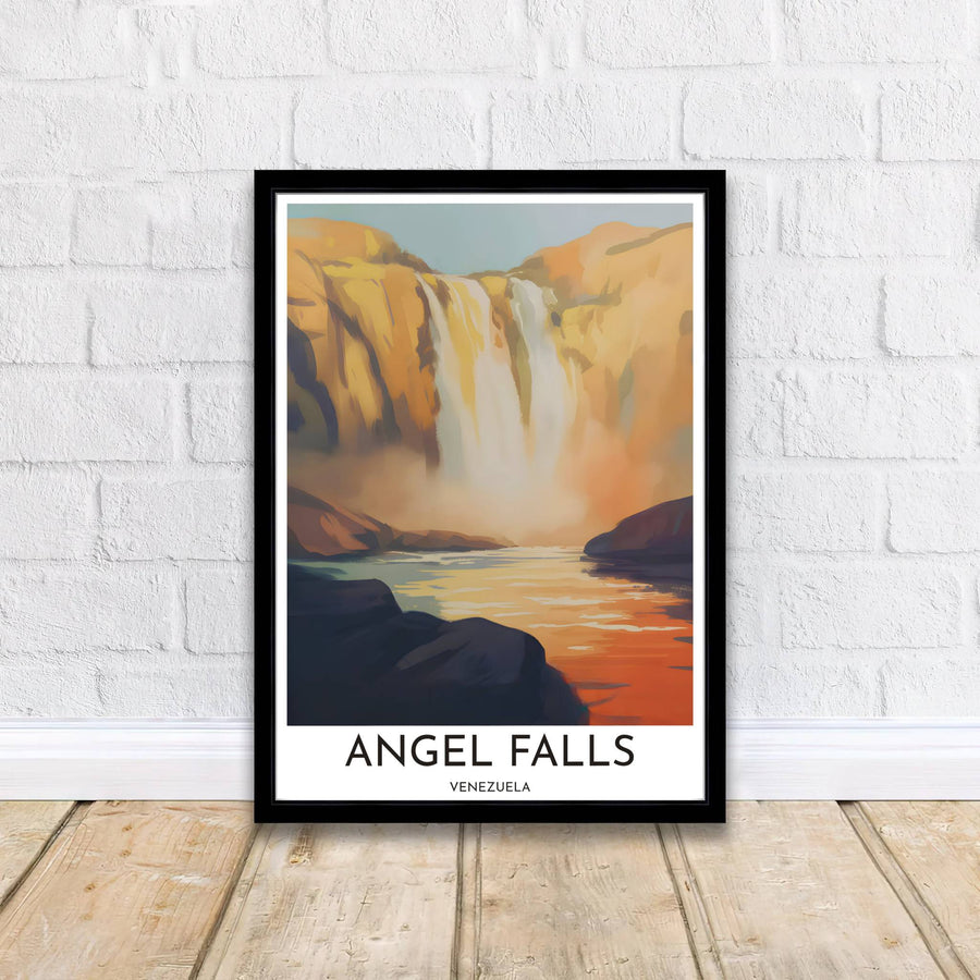 Warm orange and copper wall art showing the glowing cascade and reflective waters of Angel Falls in Canaima National Park. Curated by MapYourDreams, this wall piece offers customizable choices such as archival paper prints, real wood frames, or canvas wraps.