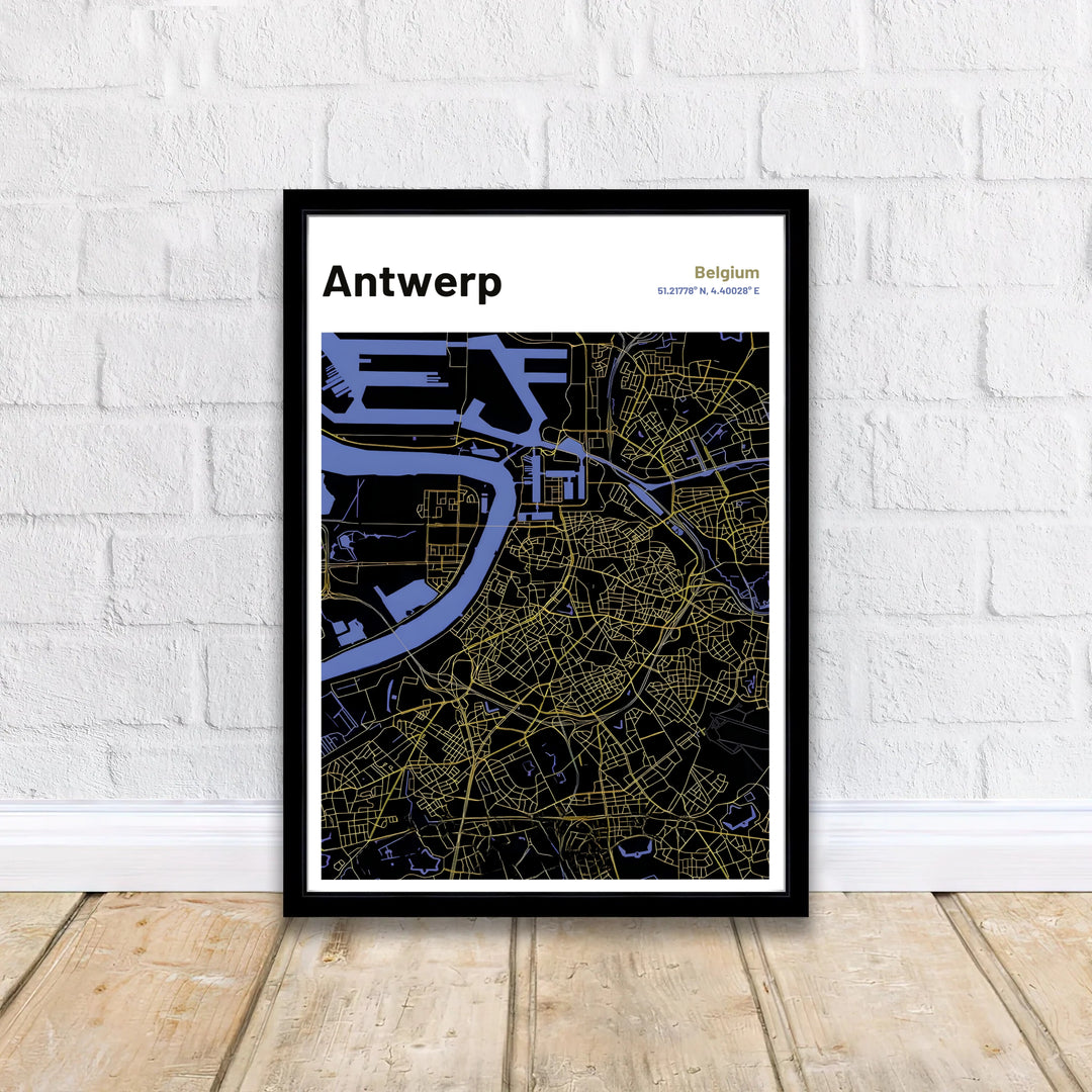 A minimalist city map wall art piece displaying the bustling port and city grid of Antwerp, Belgium in glowing metallic gold and steel-blue river highlights. Available to suit any interior as an unframed art print, a tailored framed poster, or a ready-to-hang gallery canvas.