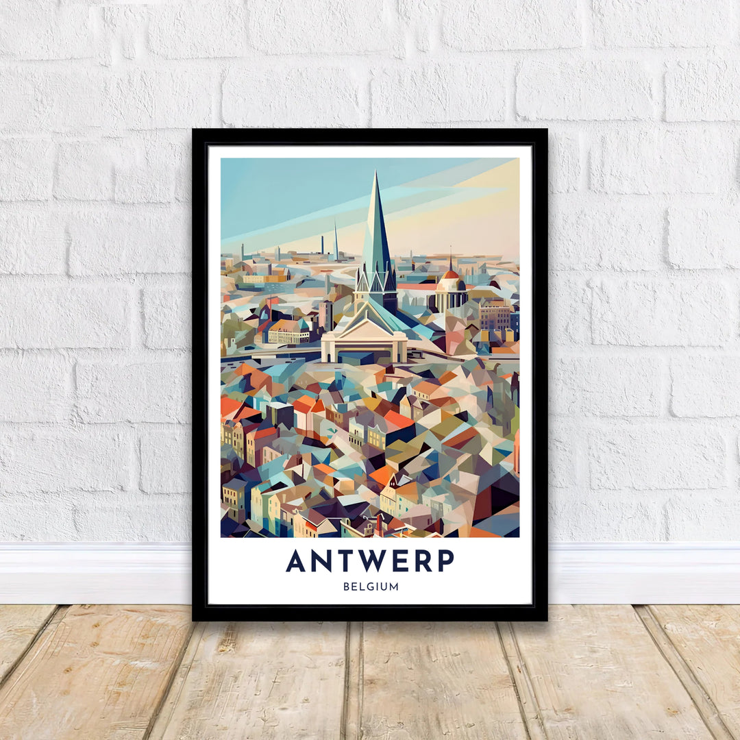 Modern architectural wall art featuring the skyline and central cathedral tower of Antwerp, Belgium, using sharp geometric planes and warm sunset hues. Select your preferred format from options like unframed fine art paper, custom wood framing, or gallery wrapped canvas prints.