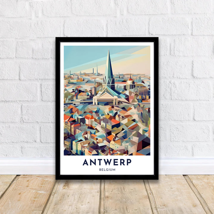 Modern architectural wall art featuring the skyline and central cathedral tower of Antwerp, Belgium, using sharp geometric planes and warm sunset hues. Select your preferred format from options like unframed fine art paper, custom wood framing, or gallery wrapped canvas prints.