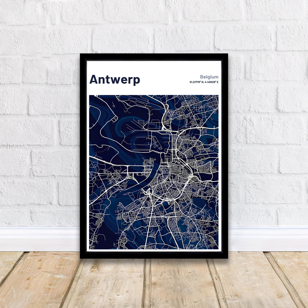 Minimalist city map wall decor presenting the flowing river bend and port facilities of Antwerp, Belgium, in contrasting blue and white tones. Offered by MapYourDreams, this artwork is available in flexible options including unframed paper, custom wooden frames, and gallery canvas wraps.