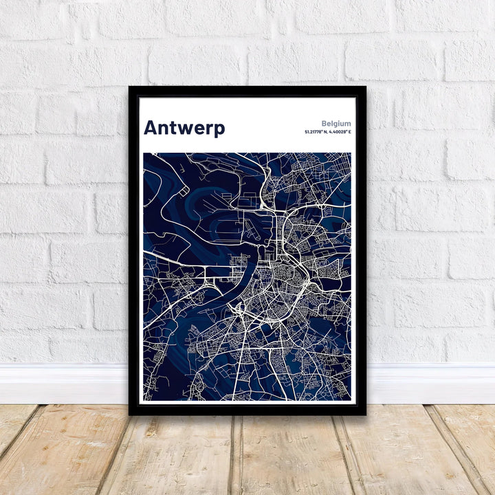 Minimalist city map wall decor presenting the flowing river bend and port facilities of Antwerp, Belgium, in contrasting blue and white tones. Offered by MapYourDreams, this artwork is available in flexible options including unframed paper, custom wooden frames, and gallery canvas wraps.