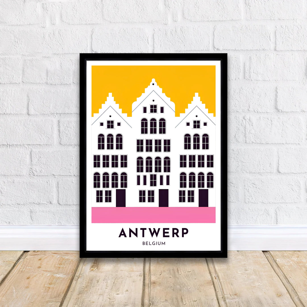 Vibrant city wall decor presenting three gabled facades of Antwerp, Belgium, contrasted against a warm yellow sky and magenta pink walkway. Offered by MapYourDreams, this artwork is available in flexible options including unframed paper, custom wooden frames, and gallery canvas wraps.