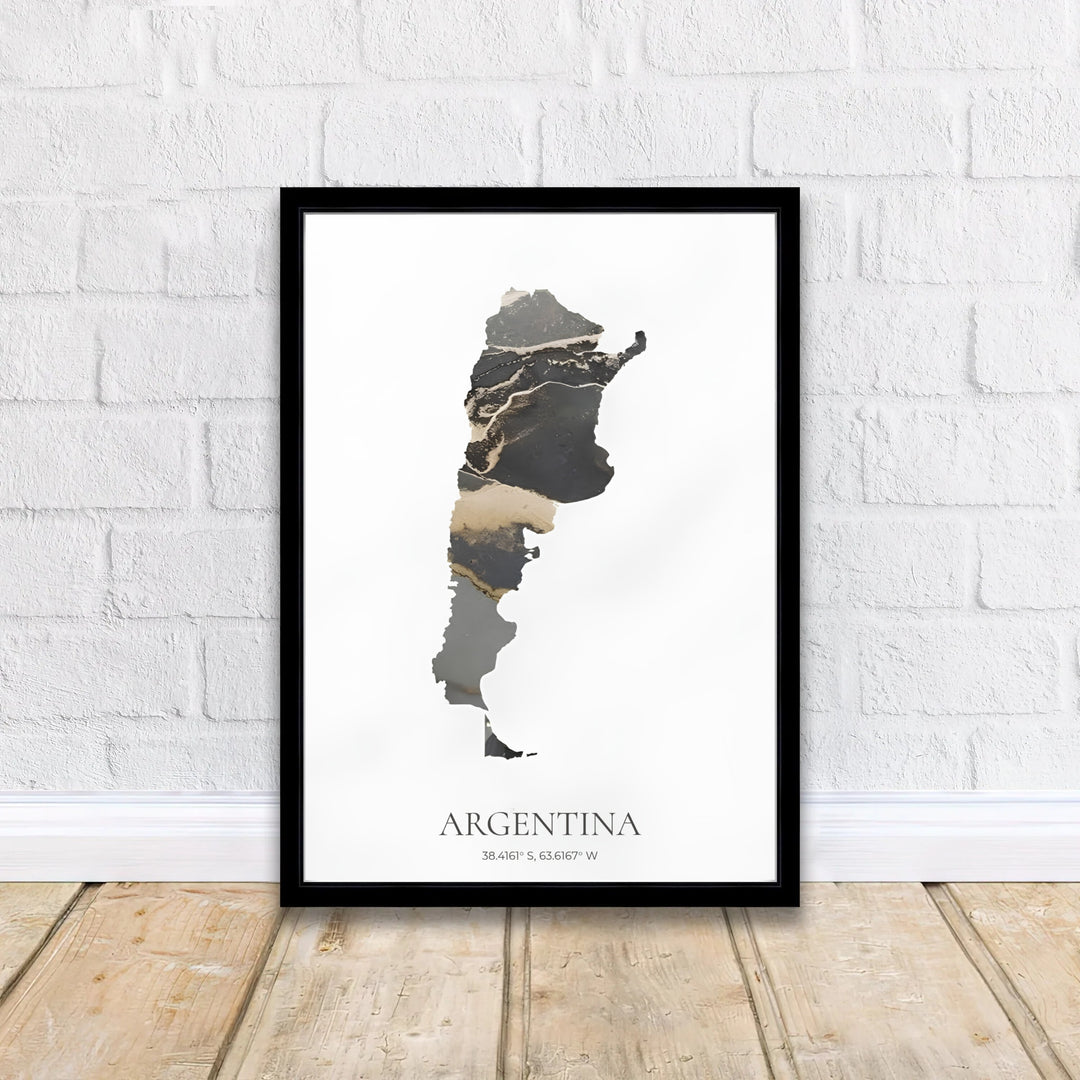 Contemporary Argentina map print with golden vein patterns and classic serif typography at the bottom margin. Offered by MapYourDreams, this artwork is available in flexible options including unframed paper, custom wooden frames, and gallery canvas wraps for hallway gallery styling.