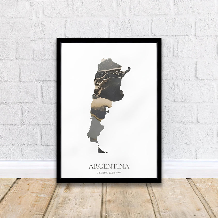 Contemporary Argentina map print with golden vein patterns and classic serif typography at the bottom margin. Offered by MapYourDreams, this artwork is available in flexible options including unframed paper, custom wooden frames, and gallery canvas wraps for hallway gallery styling.
