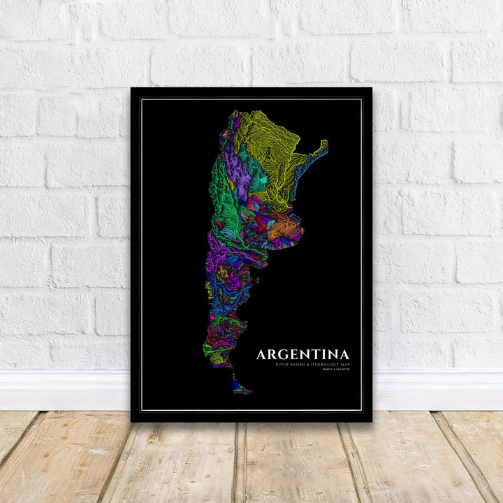 Elegant dark mode Argentina hydrology art print celebrating South American river geography with precise vector line detailing. Curated by MapYourDreams, this wall piece offers customizable choices such as archival paper prints, real wood frames, or canvas wraps.