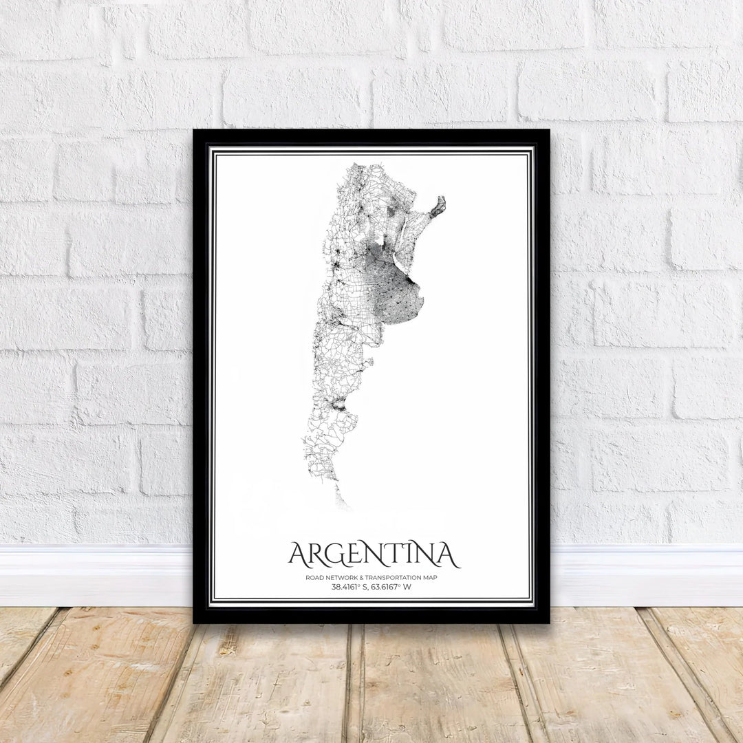 Contemporary Argentina infrastructure art print celebrating South American travel routes with minimalist black and white cartographic precision. Curated by MapYourDreams, this wall piece offers customizable choices such as unframed archival prints, solid wood frames, or gallery-ready canvas wraps.