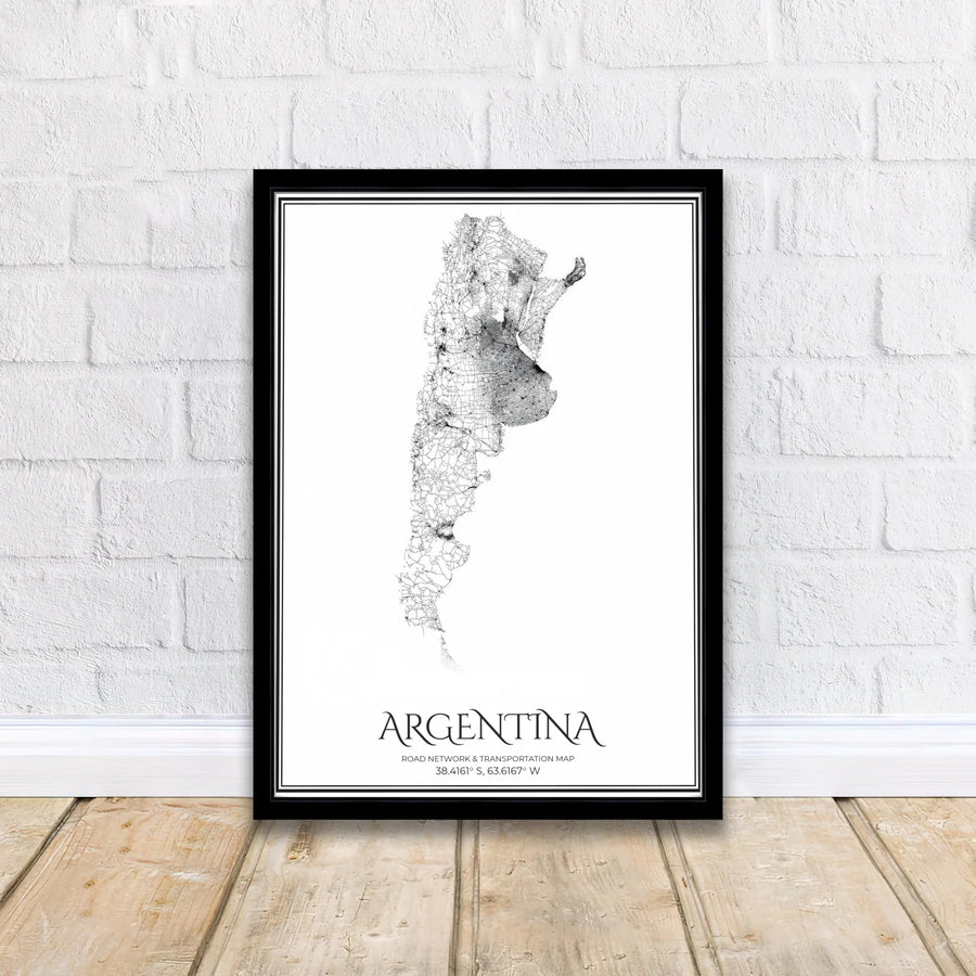 Contemporary Argentina infrastructure art print celebrating South American travel routes with minimalist black and white cartographic precision. Curated by MapYourDreams, this wall piece offers customizable choices such as unframed archival prints, solid wood frames, or gallery-ready canvas wraps.