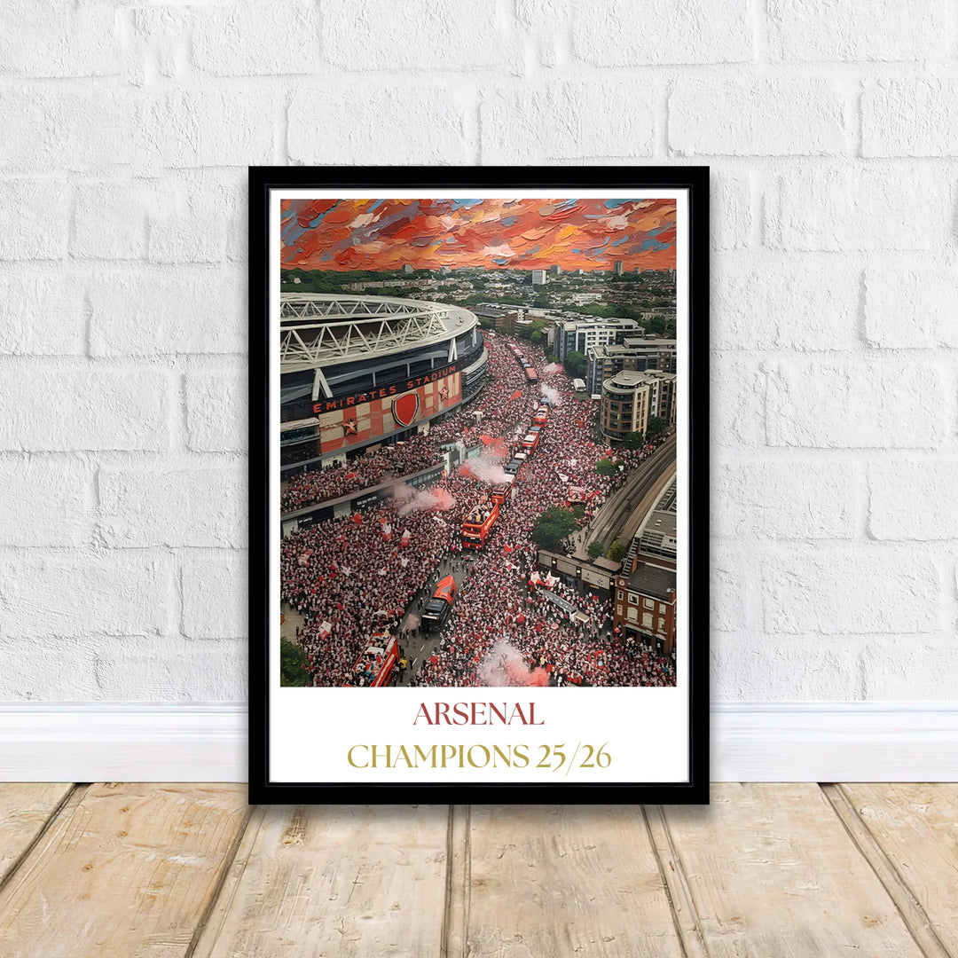 Modern football landscape art print featuring dramatic clouds over Emirates Stadium and crowded victory parade streets, available as unframed prints, framed wall decor, or canvas options for apartment walls.