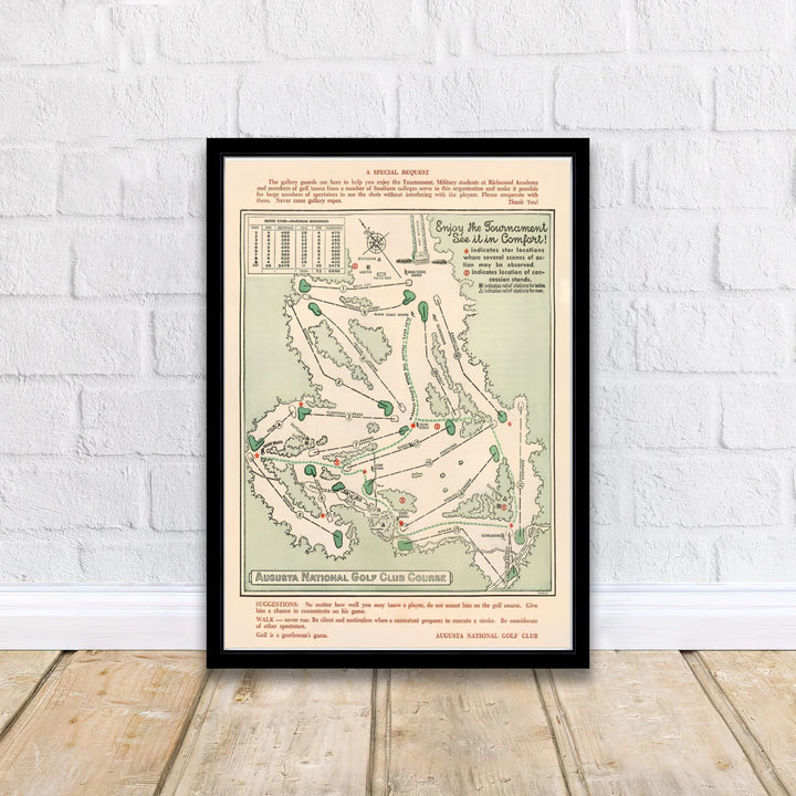 Fine art Augusta Georgia 1954 course schematic print capturing mid-century golf cartography and landscape design. Offered by MapYourDreams, this artwork is available in flexible options including unframed paper, custom wooden frames, and gallery canvas wraps for tailored home wall decor setups.