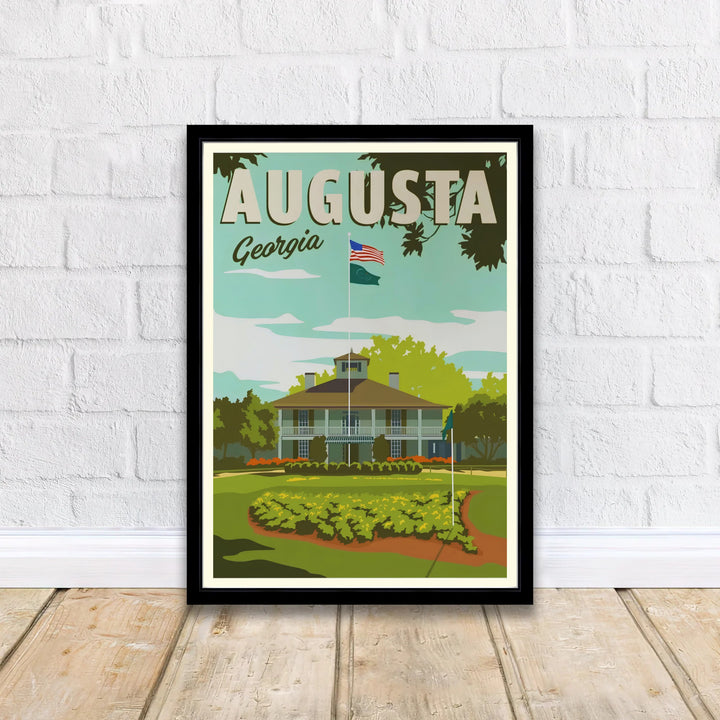 Elegant Augusta Georgia clubhouse print showcasing classic Southern estate architecture under a soft sky background. Offered by MapYourDreams, this artwork is available in flexible options including unframed paper, custom wooden frames, and gallery canvas wraps for tailored home wall decor setups.