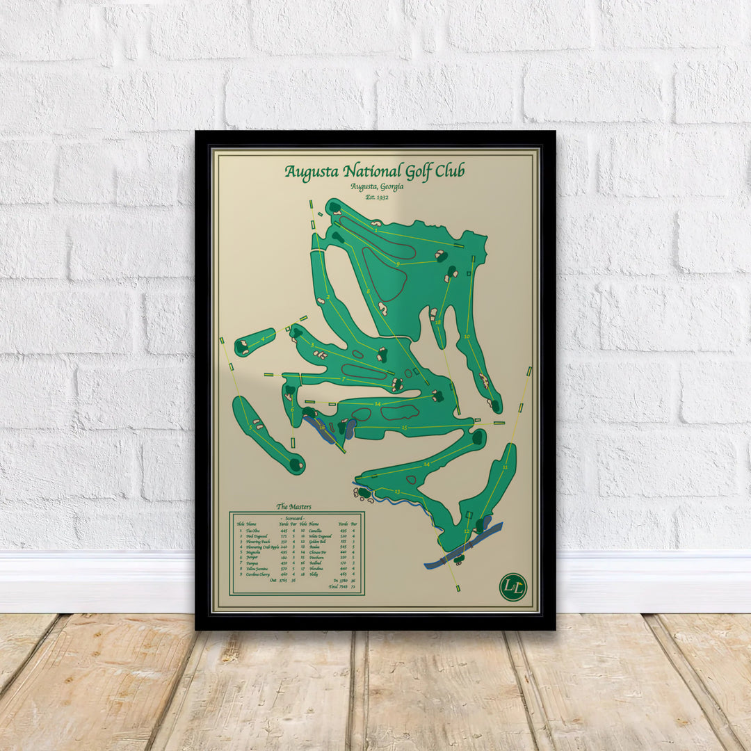 Mid-century style Augusta Georgia golf course schematic poster with Rae&