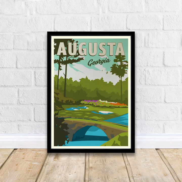 Classic Augusta Georgia sportsmanship print detailing the famous Hogan Bridge arch crossing over the calm blue water of Rae&