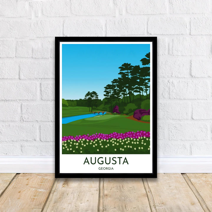 Modern graphic sports wall art print celebrating Augusta National Golf Course in Augusta Georgia with stylized pine trees and a bold sky background. Offered by MapYourDreams, this artwork is available in flexible options including unframed paper, custom wooden frames, and gallery canvas wraps for tailored home wall decor setups.