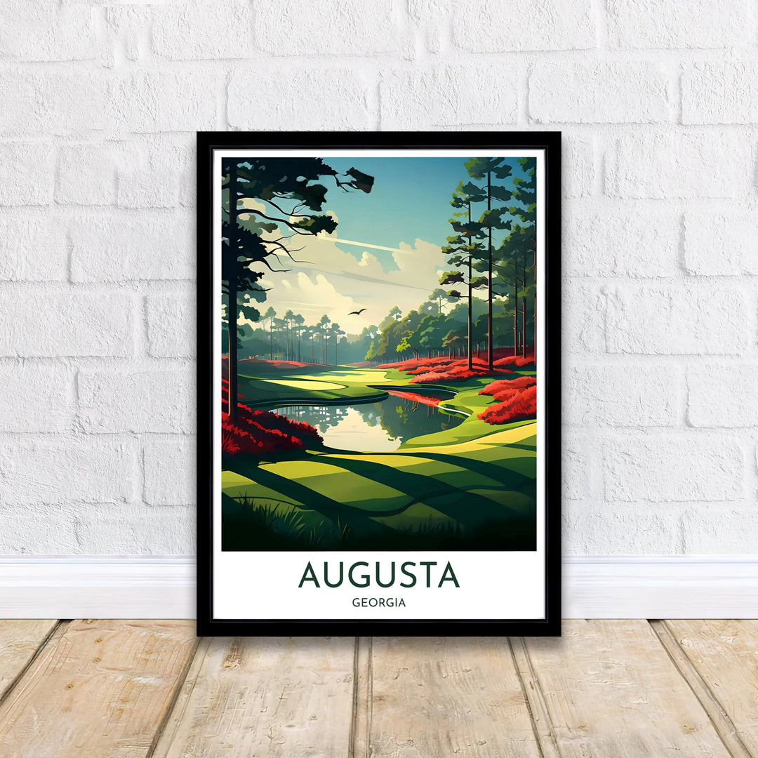 Elegant golf course canvas decor depicting the famous 13th hole at Amen Corner in Augusta Georgia with rich light and shadow play. Offered by MapYourDreams, this artwork is available in flexible options including unframed paper, custom wooden frames, and gallery canvas wraps for tailored home wall decor setups.