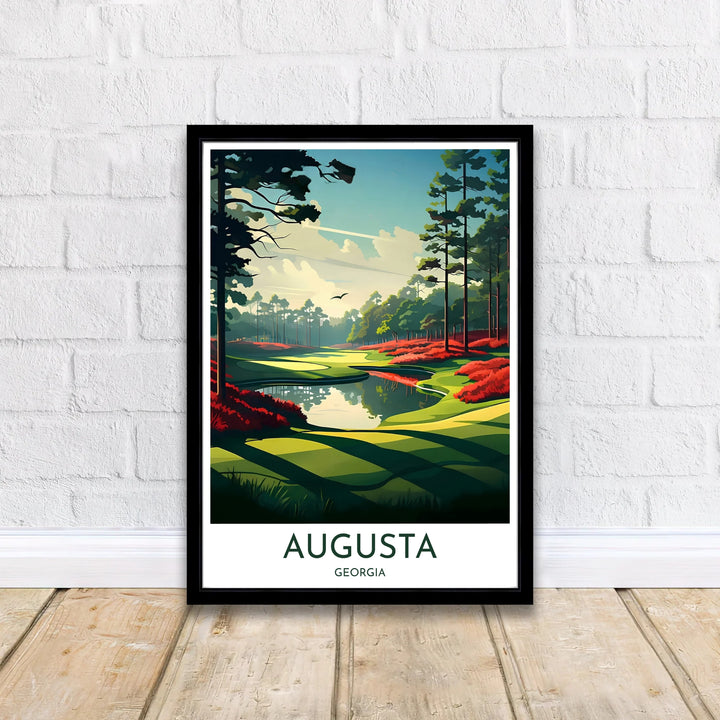 Elegant golf course canvas decor depicting the famous 13th hole at Amen Corner in Augusta Georgia with rich light and shadow play. Offered by MapYourDreams, this artwork is available in flexible options including unframed paper, custom wooden frames, and gallery canvas wraps for tailored home wall decor setups.