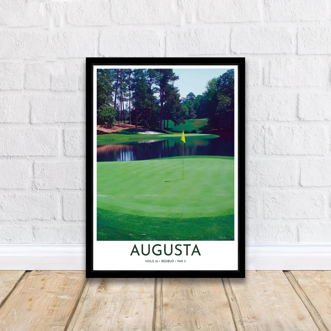 Elegant golf course canvas decor depicting the famous Par 3 Hole 16 at Augusta Georgia with realistic depth, rich lighting, and natural foliage. Offered by MapYourDreams, this artwork is available in flexible options including unframed paper, custom wooden frames, and gallery canvas wraps for tailored home wall decor setups.