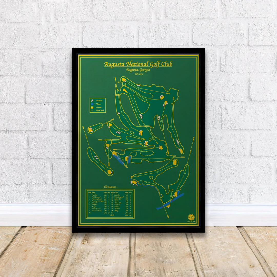 Forest green and gold Augusta Georgia map print capturing the technical beauty of the course fairways, greens, and legendary hole names. Offered by MapYourDreams, this artwork is available in flexible options including unframed paper, custom wooden frames, and gallery canvas wraps for tailored home wall decor setups.