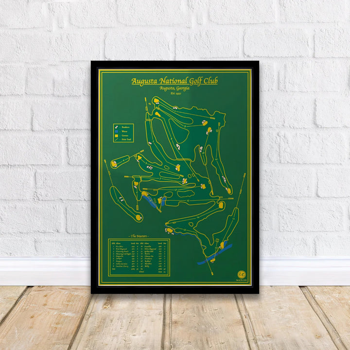 Forest green and gold Augusta Georgia map print capturing the technical beauty of the course fairways, greens, and legendary hole names. Offered by MapYourDreams, this artwork is available in flexible options including unframed paper, custom wooden frames, and gallery canvas wraps for tailored home wall decor setups.