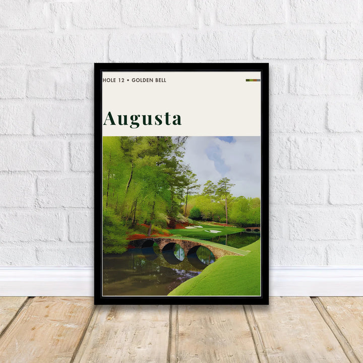Elegant golf course canvas decor depicting the legendary Par 3 Hole 12 at Augusta Georgia with authentic depth, rich greens, and stone bridge masonry. Offered by MapYourDreams, this artwork is available in flexible options including unframed paper, custom wooden frames, and gallery canvas wraps for tailored home wall decor setups.
