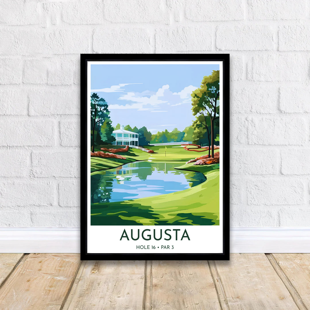 Fine art golf course canvas decor representing Hole 16 Redbud with rich color contrast, vector line detailing, and classic tournament scenery. Offered by MapYourDreams, this artwork is available in flexible options including unframed paper, custom wooden frames, and gallery canvas wraps for tailored home wall decor setups.