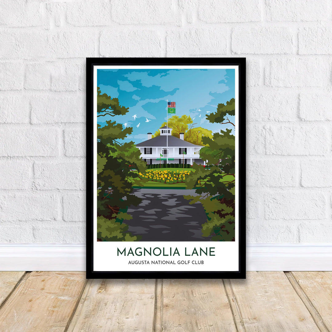 Fine art golf course canvas decor representing Magnolia Lane at Augusta National with rich color contrast, vector line detailing, and classic entrance scenery. Offered by MapYourDreams, this artwork is available in flexible options including unframed paper, custom wooden frames, and gallery canvas wraps for tailored home wall decor setups.