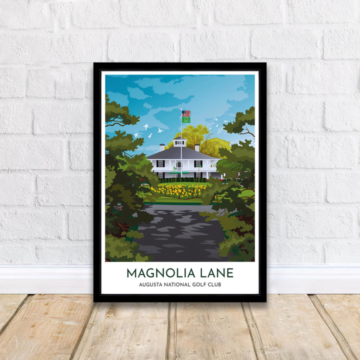 Fine art golf course canvas decor representing Magnolia Lane at Augusta National with rich color contrast, vector line detailing, and classic entrance scenery. Offered by MapYourDreams, this artwork is available in flexible options including unframed paper, custom wooden frames, and gallery canvas wraps for tailored home wall decor setups.