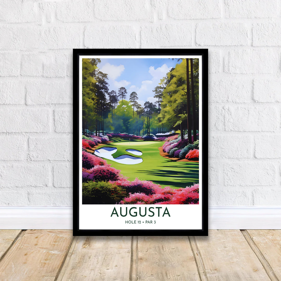 Fine art golf course canvas decor representing Hole 12 Golden Bell with rich brushstroke texture, floral color contrast, and classic Amen Corner scenery. Offered by MapYourDreams, this artwork is available in flexible options including unframed paper, custom wooden frames, and gallery canvas wraps for tailored home wall decor setups.
