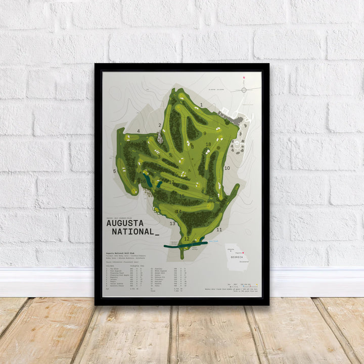 Elegant cartographic wall decor of Augusta National Golf Club presenting fairways, greens, sand traps, and a mini Georgia location inset map. Offered by MapYourDreams, this artwork is available in flexible options including unframed paper, custom wooden frames, and gallery canvas wraps.