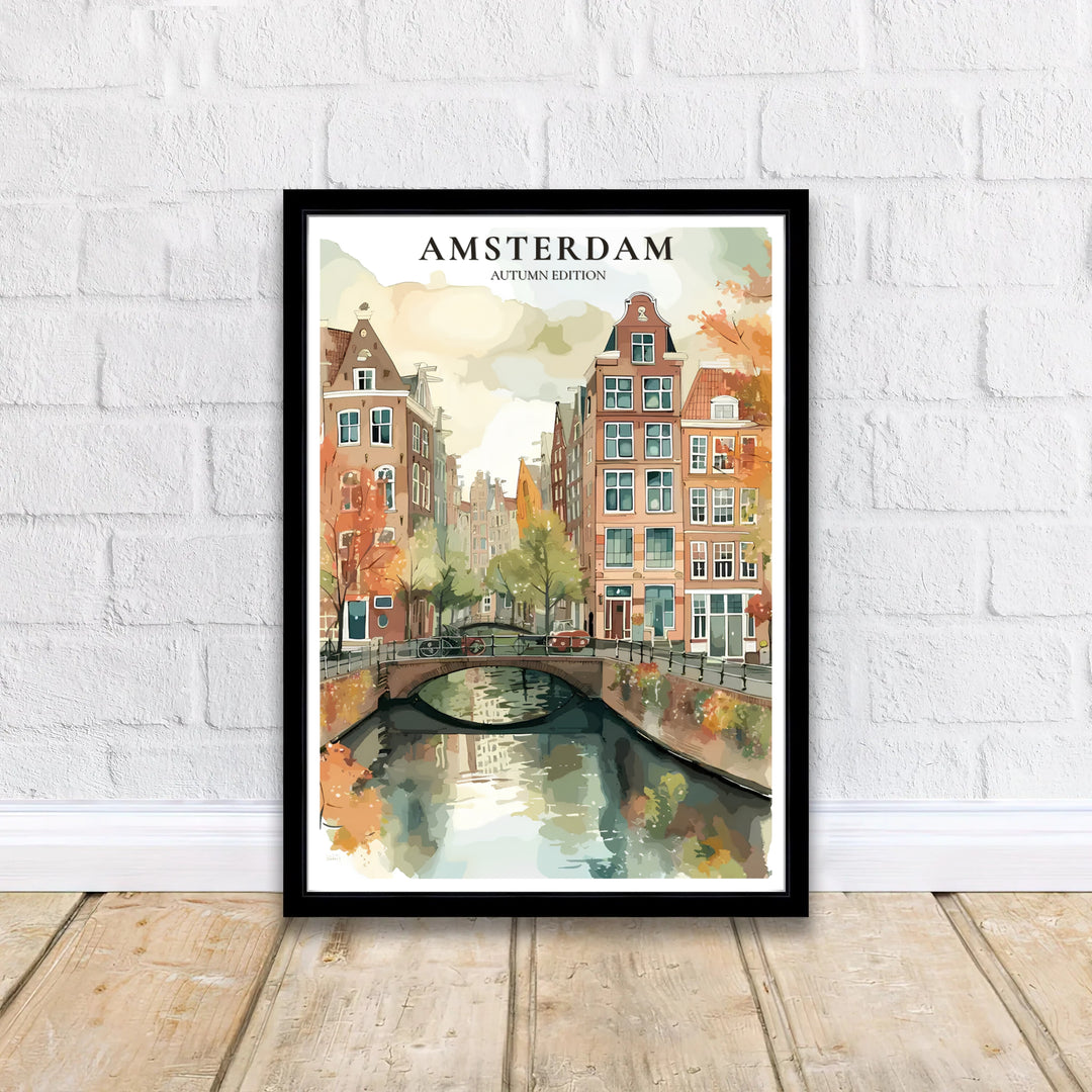 Romantic fall season travel poster of historic Amsterdam canal houses with rich amber foliage and water reflections, available at MapYourDreams with options for unframed paper prints, gallery wrapped canvas, or custom frame styling to elevate cozy home decor arrangements.