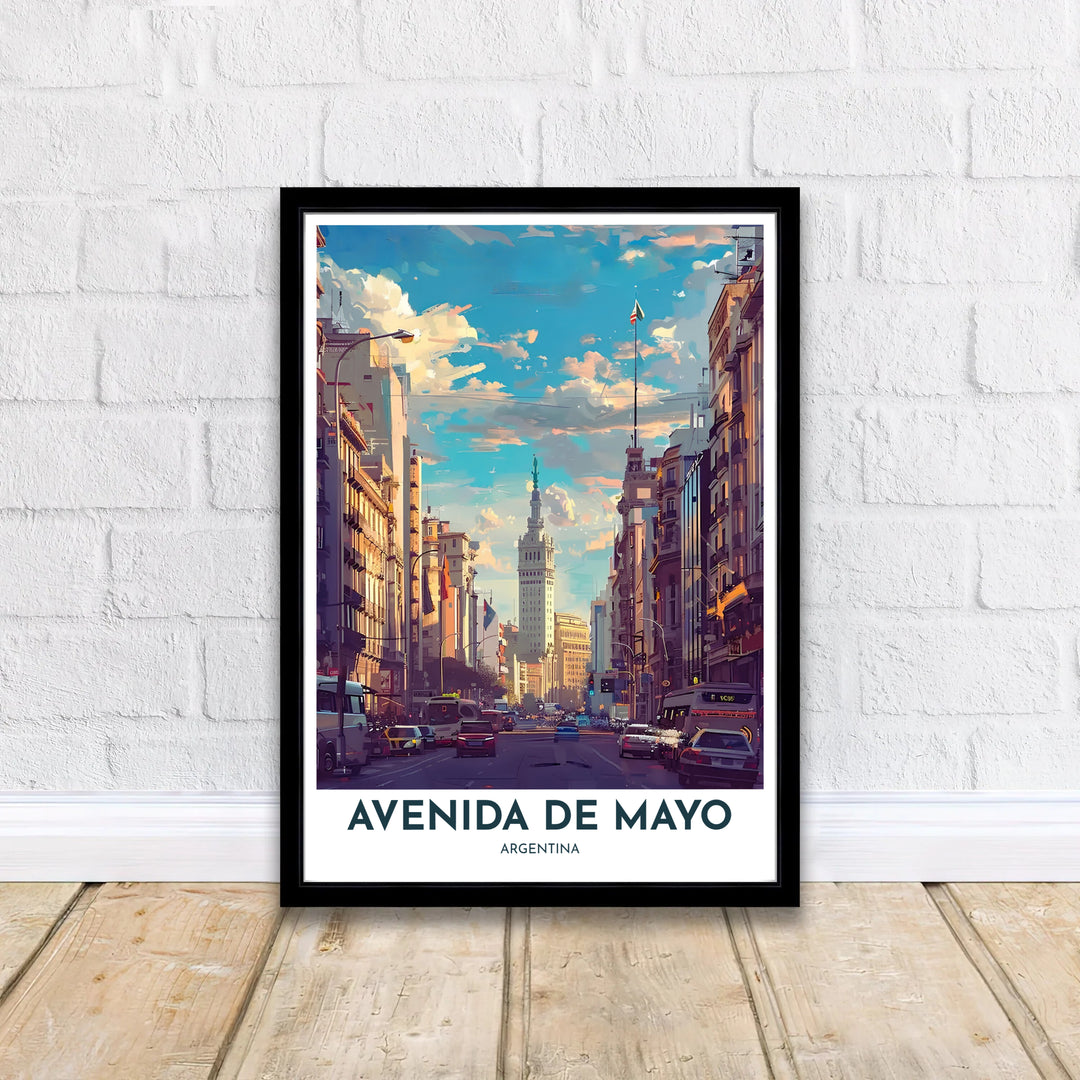 South American travel poster celebrating the urban beauty of Buenos Aires along Avenida de Mayo in rich painterly hues. Handpicked for the MapYourDreams catalog, this artwork is offered in flexible styles like unmounted paper, handcrafted frames, and canvas wraps.