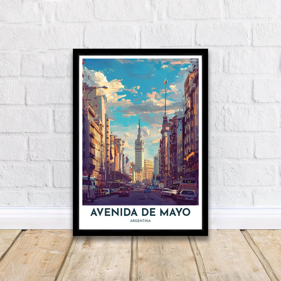 South American travel poster celebrating the urban beauty of Buenos Aires along Avenida de Mayo in rich painterly hues. Handpicked for the MapYourDreams catalog, this artwork is offered in flexible styles like unmounted paper, handcrafted frames, and canvas wraps.