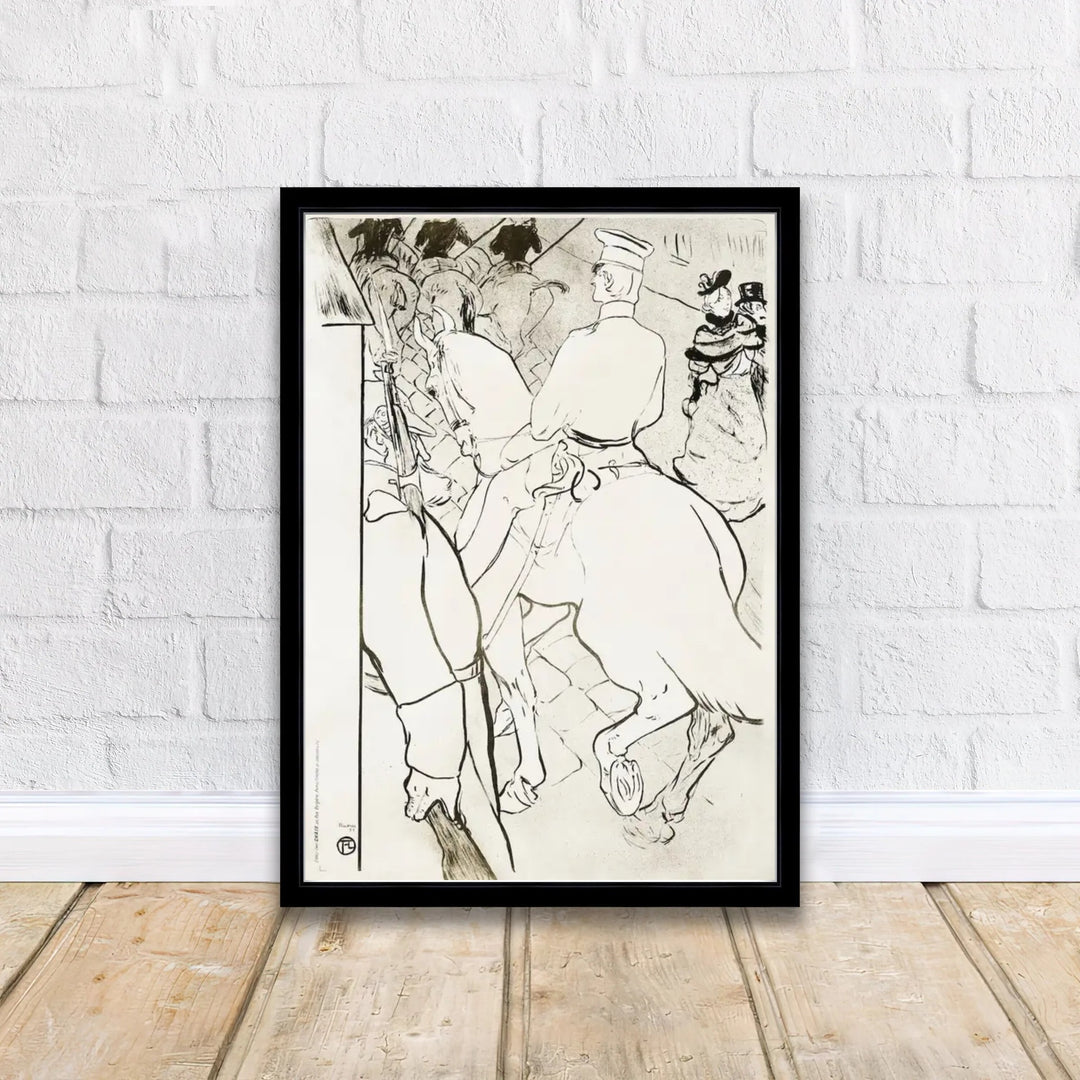 Vintage travel poster style print of Babylone D’Allemagne (1894), Henri de Toulouse-Lautrec showing mounted cavalry officers in Berlin, Germany. MapYourDreams supplies custom framed paper prints, unframed wall art, and stretched canvas prints ideal for living rooms and private studies.