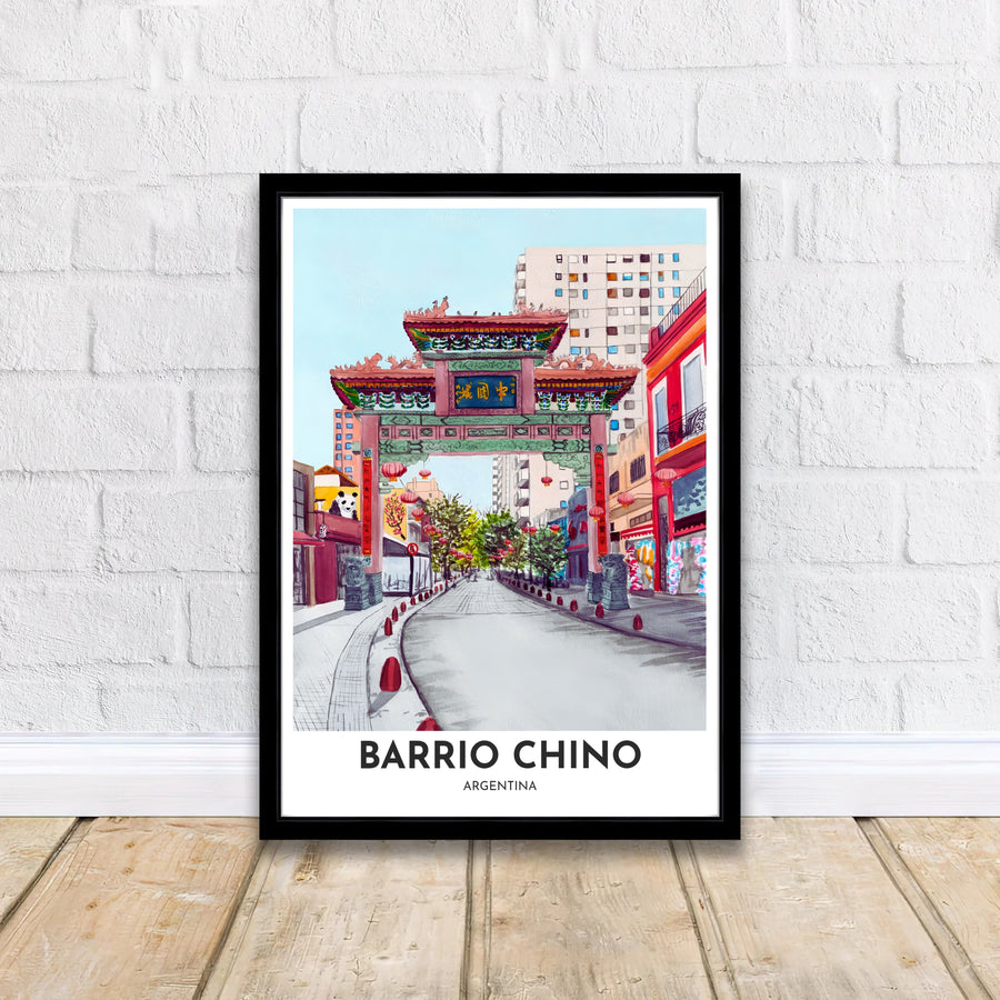 Charming watercolor street scene poster of Belgrano Chinatown with elegant typography reading Barrio Chino Argentina at the bottom margin. Curated by MapYourDreams, this wall piece offers customizable choices such as archival paper prints, real wood frames, or canvas wraps.