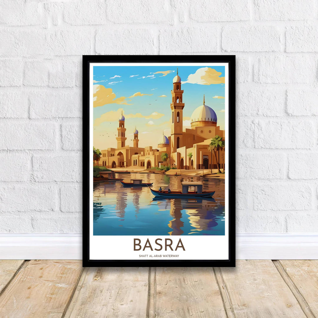 Warm ochre and turquoise travel print of Basra Iraq landmark with clean typography reading Basra Shatt al-Arab Waterway. Published by MapYourDreams, this artwork is available in flexible options including unframed paper, custom wooden frames, and gallery canvas wraps for fine art display.