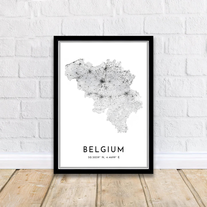 Minimalist country map wall decor presenting the detailed road network and city nodes of Belgium in a monochrome aesthetic. Offered by MapYourDreams, this artwork is available in flexible options including unframed paper, custom wooden frames, and gallery canvas wraps.