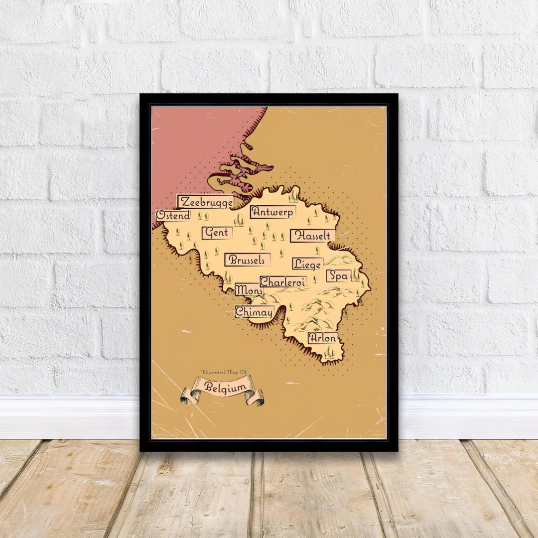 Nostalgic storybook map wall decor presenting the towns, rivers, and forests of Belgium in soft sepia, cream, and dusty mauve hues. Offered by MapYourDreams, this artwork is available in flexible options including unframed paper, custom wooden frames, and gallery canvas wraps.
