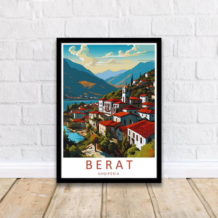 Retro-style Berat country poster rendered in rich red and blue tones, capturing the unique beauty of Albania&