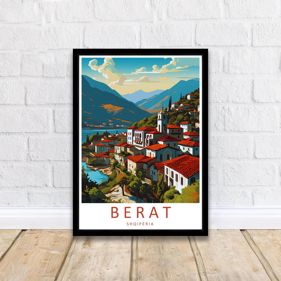 Retro-style Berat country poster rendered in rich red and blue tones, capturing the unique beauty of Albania&