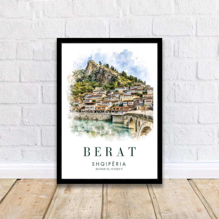 Watercolor-style Berat country poster rendered in soft natural hues, capturing the unique beauty of Albania&