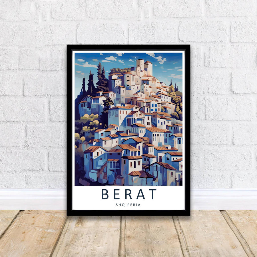 Artistic Berat travel poster of Albania with multi-windowed houses stacked along steep hillsides, crafted to enhance modern graphic wall decor displays. Offered by MapYourDreams, this artwork is available in flexible options including unframed paper, custom wooden frames, and gallery canvas wraps.