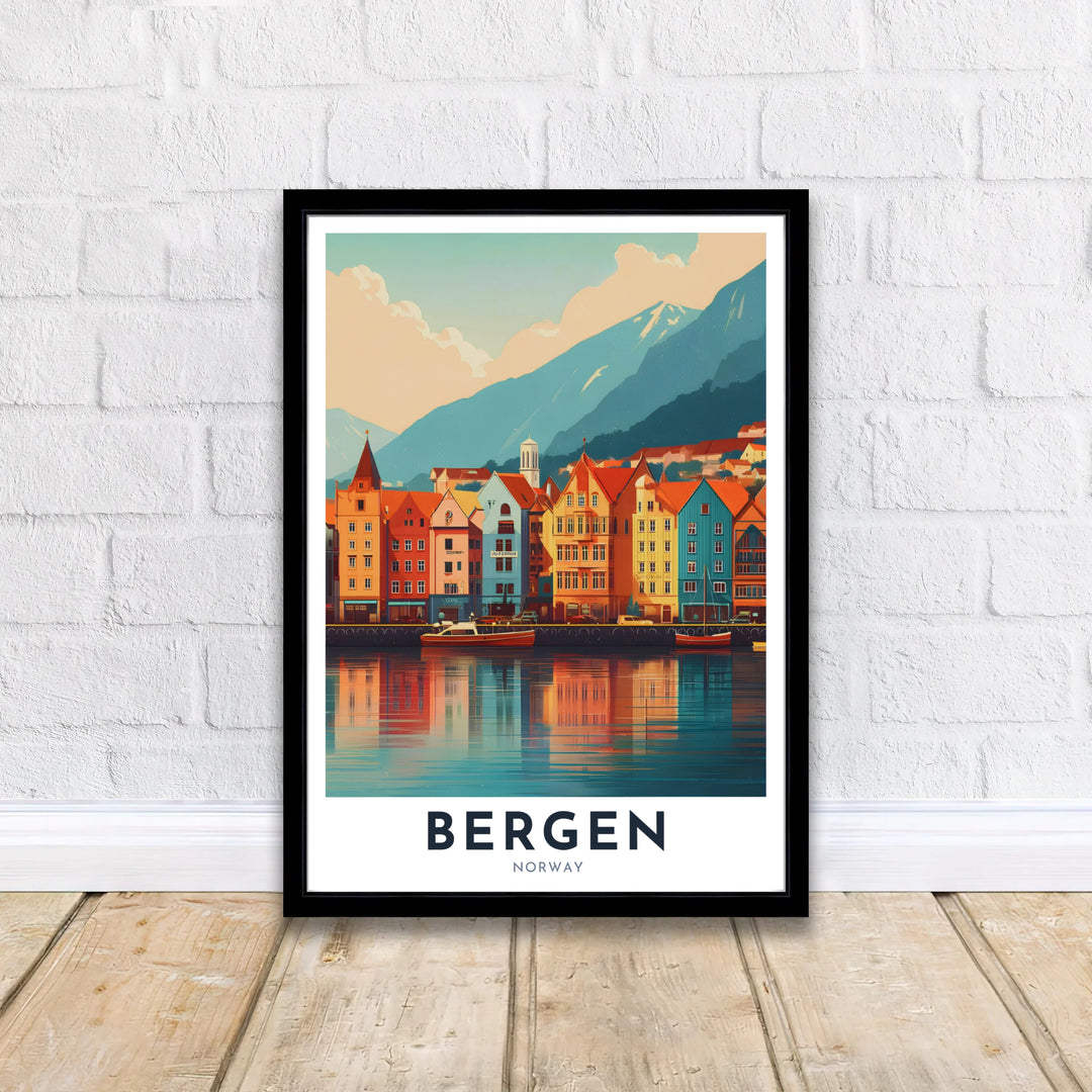 Detailed travel illustration capturing the maritime charm of Bryggen harbour in Bergen Norway with mountains rising in the background. A perfect gift for Scandinavian travel lovers, available in high definition as a ready to hang framed poster, unframed archival paper print, or gallery wrapped canvas display.