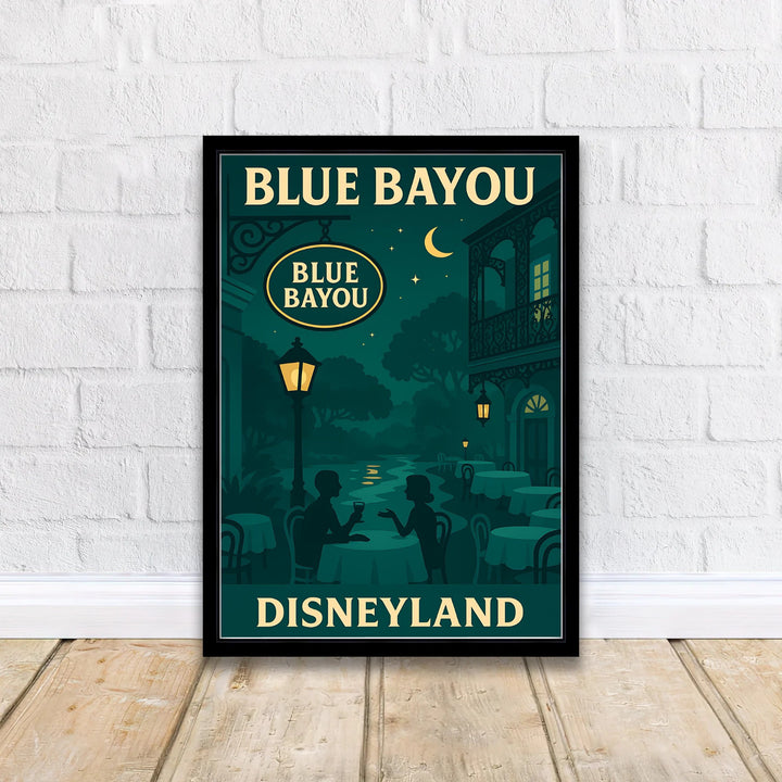 Vintage Disney park art print featuring romantic candlelight dining and gas lamp glow at the Blue Bayou in New Orleans Square, created by MapYourDreams with selections including fine art unframed paper prints, gallery stretched canvas art, or custom frame choices for moody dining spaces.