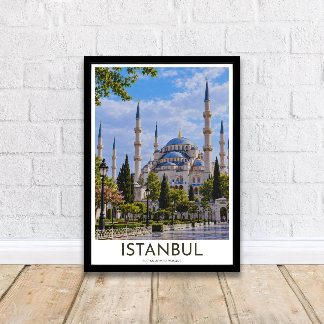 Artistic travel photograph of historic Blue Mosque in Istanbul Turkey showing stone archways, gardens, and domes. Curated by MapYourDreams, this artwork is available in flexible options including unframed paper, custom wooden frames, and gallery canvas wraps tailored for interior design.