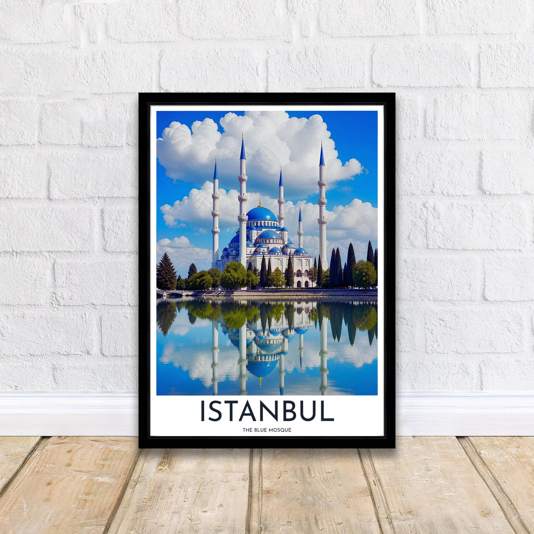 Classical Ottoman architecture travel poster featuring Blue Mosque in Istanbul Turkey reflected in tranquil water. Supplied by MapYourDreams, this artwork is available in flexible options including unframed paper, custom wooden frames, and gallery canvas wraps for stylish decor.