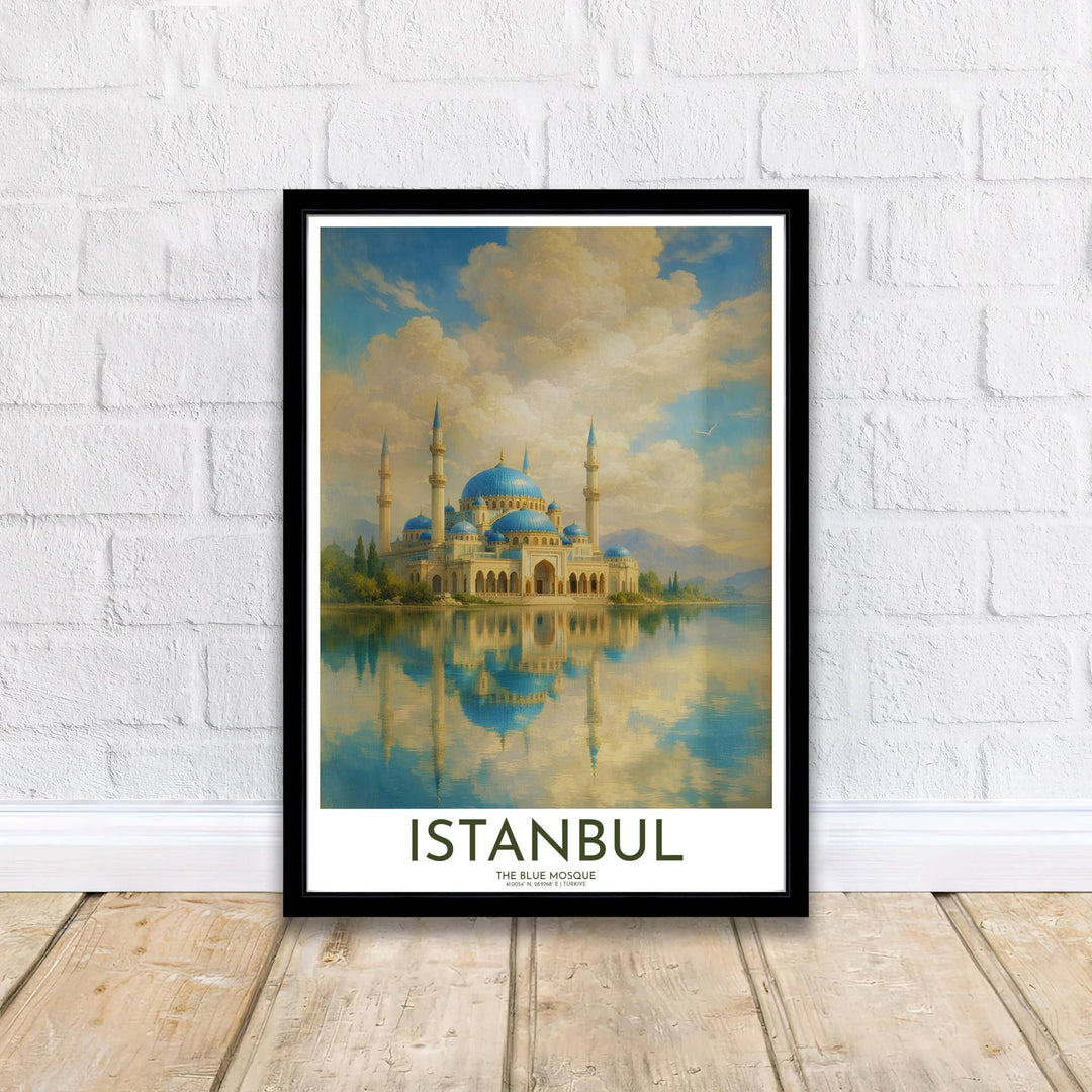 Classical Ottoman architecture oil painting poster featuring Blue Mosque in Istanbul Turkey along an idyllic mountain lake. Supplied by MapYourDreams, this artwork is available in flexible options including unframed paper, custom wooden frames, and gallery canvas wraps for stylish decor.
