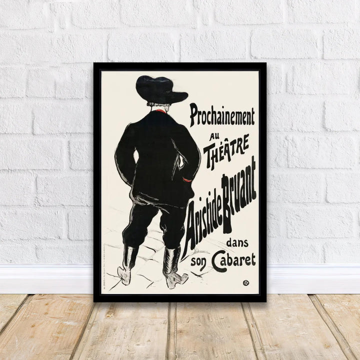 Vintage travel poster style print of Bruant Au Mirliton (1894), Henri de Toulouse-Lautrec showcasing Parisian graphic advertisement art in Paris, France. MapYourDreams supplies custom framed paper prints, unframed wall art, and stretched canvas prints ideal for studios and living rooms.